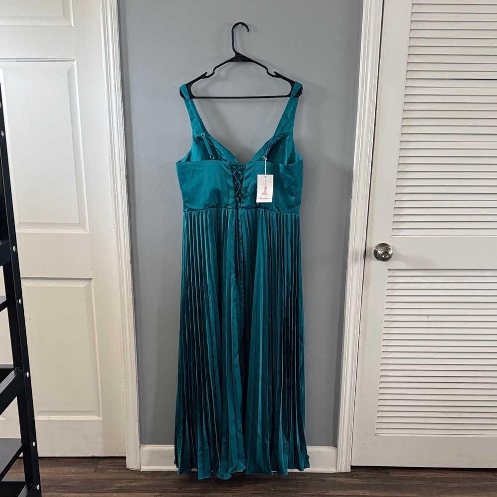 Teal Tea Length Satin Midi Dress - Built in padded bust and drawstring back - Picture 3 of 6